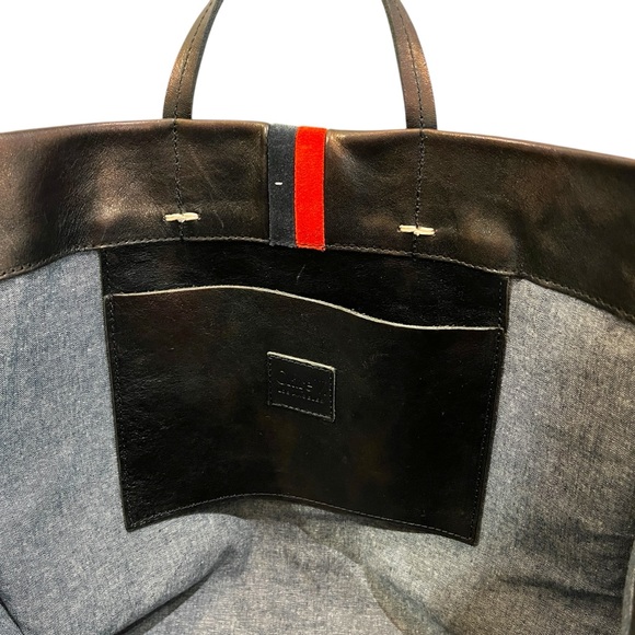 Clare V. Simple Tote Metallic Leather Contrast Racing Stripe Trim Shoulder Tote - Picture 9 of 11